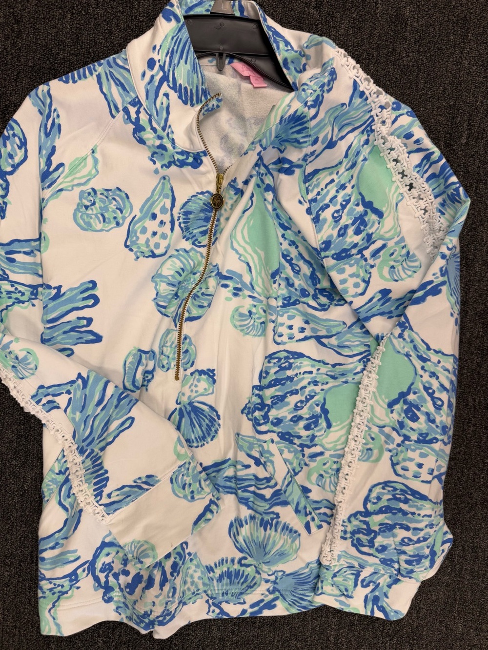Lilly Pulitzer White Pullover with Blue & Aqua Seashell Print